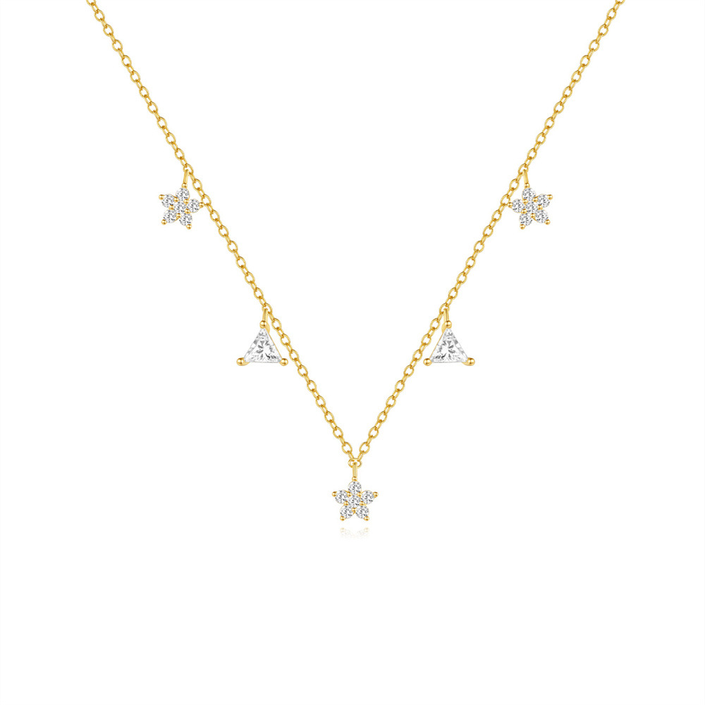 925 Sterling Silver Material Triangle, Flower Pattern 925 Sterling Silver Zircon Cable Chain Plating Triangle Flower Multi Charms Necklace