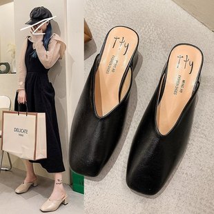 Baotou Half Slippers Women's 2025 Summer New Square Toe Mid-Heel Korean Style Lady Slippers Mule Shoes