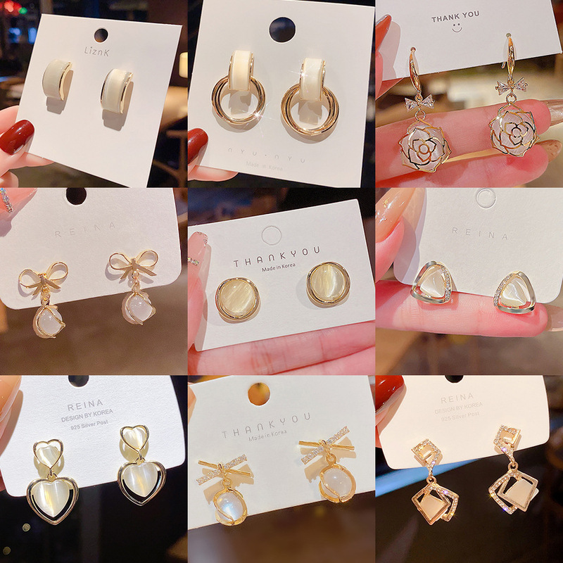 s925 Silver Needle Cat's Eye Stone Earrings Female Temperament Geometric Love Advanced Sense Earrings ins Korean Earrings Wholesale