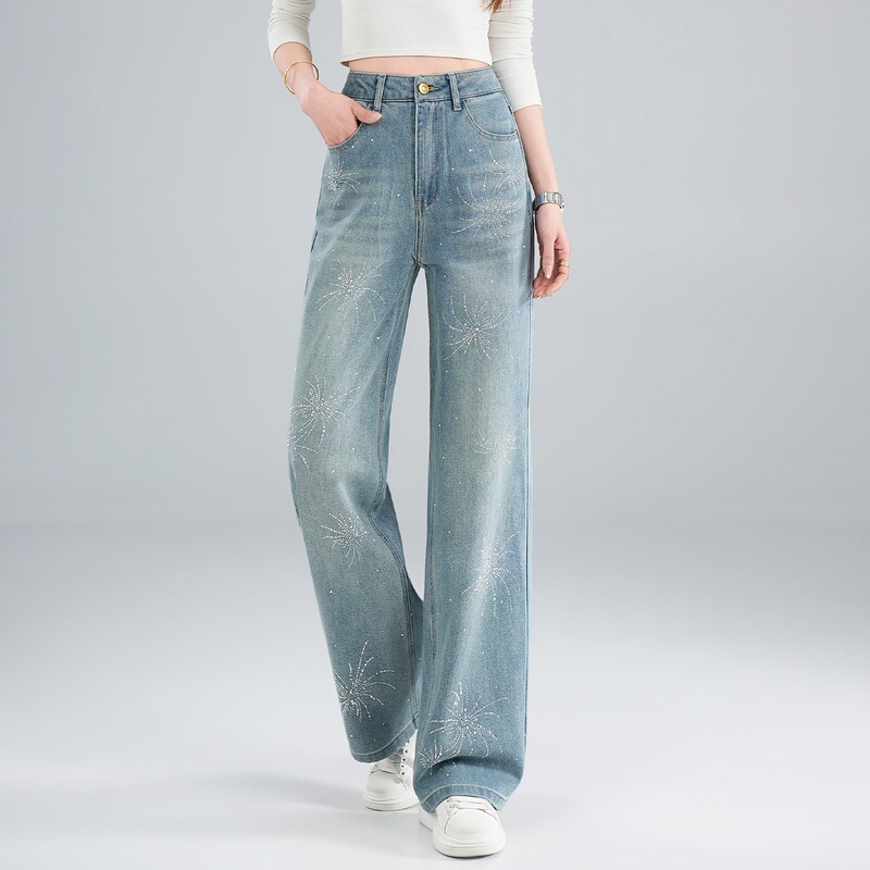 Fashion Rhinestone Denim Curved Pants for Women, 2026 Spring/Summer New Casual High-Waisted Slim-Fit Straight Long Pants Fashion Rhinestone Denim Curved Pants for Women, 2026 Spring/Summer New Casual High-Waisted Slim-Fit Straight Long Pants