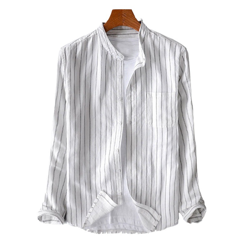 2024 primavera y otoño comercio exterior venta caliente camisa casual de manga a rayas multicolor para hombres camisa cómoda de algodón y lino para hombres