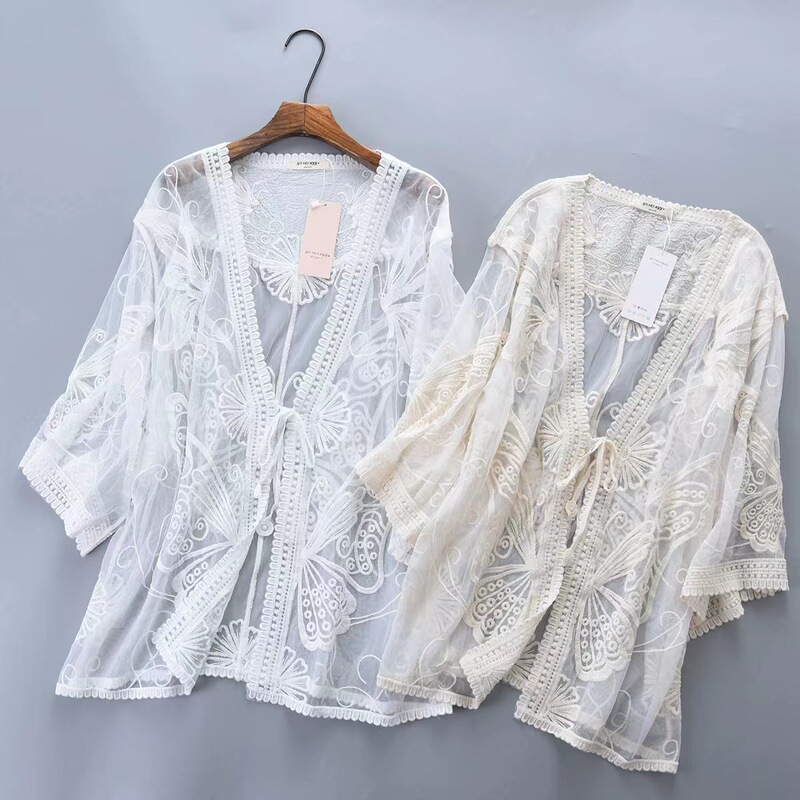 Summer Seaside Beach Sun Protection Clothing Lace Blouse Cardigan Hollow Thin Cool and Fresh Sexy Outer Wear
