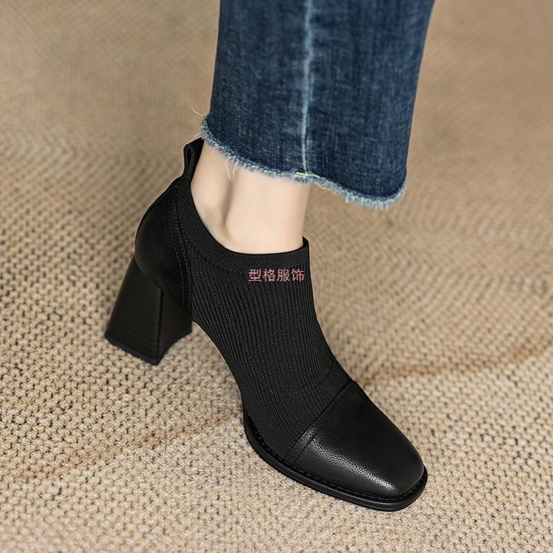 2025新款单鞋女粗跟方头复古擦色弹力针织拼接一脚蹬深口高跟鞋