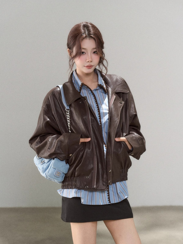 一颗小野莓美式棕色高级感皮衣外套女2025秋季新款设计感短款夹克|undefined