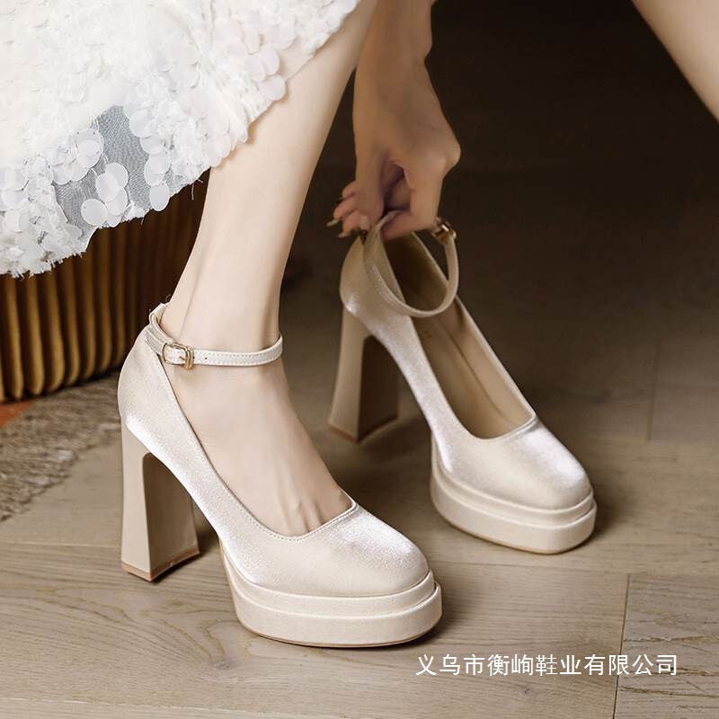Waterproof High-Heeled Shoes for Women, Thick Soles, Heightening Mary Jane Design, Sister Group Wedding Shoes, Bridesmaid Shoes, Bridal Shoes
