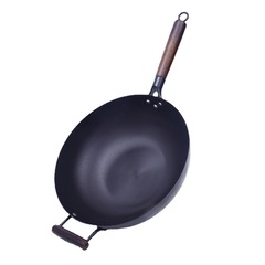 Old-fashioned wooden-handled iron wok for home multi-purpose non-coated frying pan, thick round bottom no-smoke iron wok, factory wholesale
