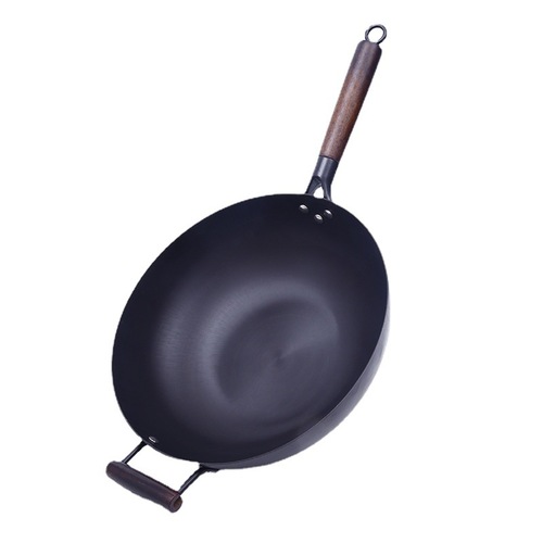 Old-fashioned wooden-handled iron wok for home multi-purpose non-coated frying pan, thick round bottom no-smoke iron wok, factory wholesale