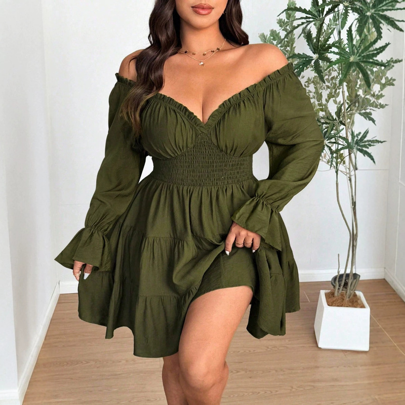 European and American Cross-Border New Plus-Size Dress, Fashionable and Sexy Slim-Fit V-Neck Waist-Cinching Puff Sleeve Tiered Short Dress for Women