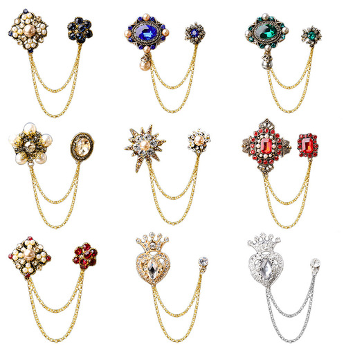 Retro Fashion Baroque Water Diamond Chain Brooch Anti-Stray Light Pearl Inlaid Flower, British Court Suit Accessory