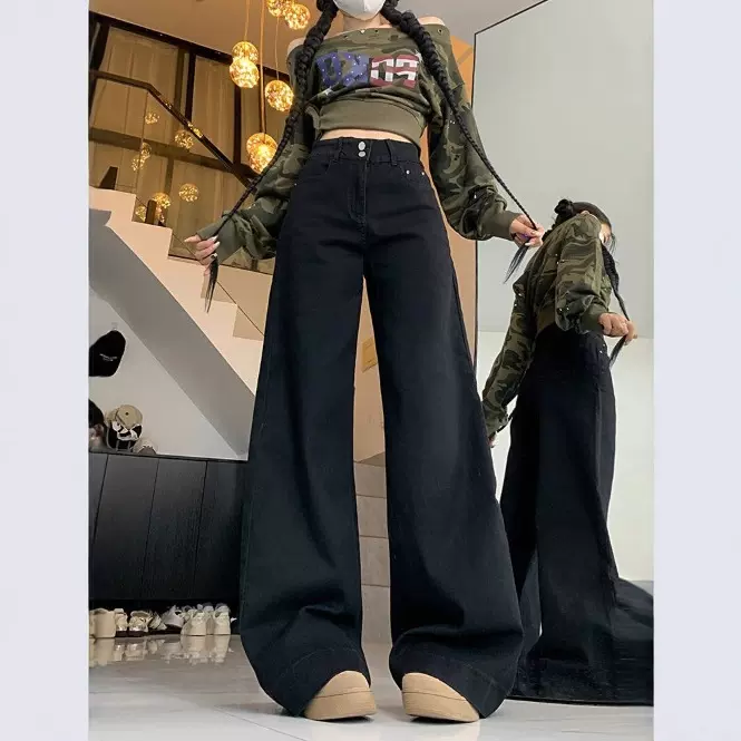 大码美式高街黑色阔腿牛仔裤女秋冬宽松显瘦休闲垂感直筒长裤子