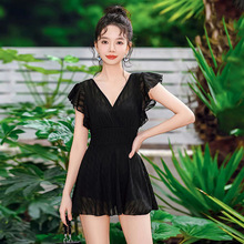 泳衣女款连体纯色法式气质裙式涤纶钢托聚拢保守显瘦遮肉温泉泳衣