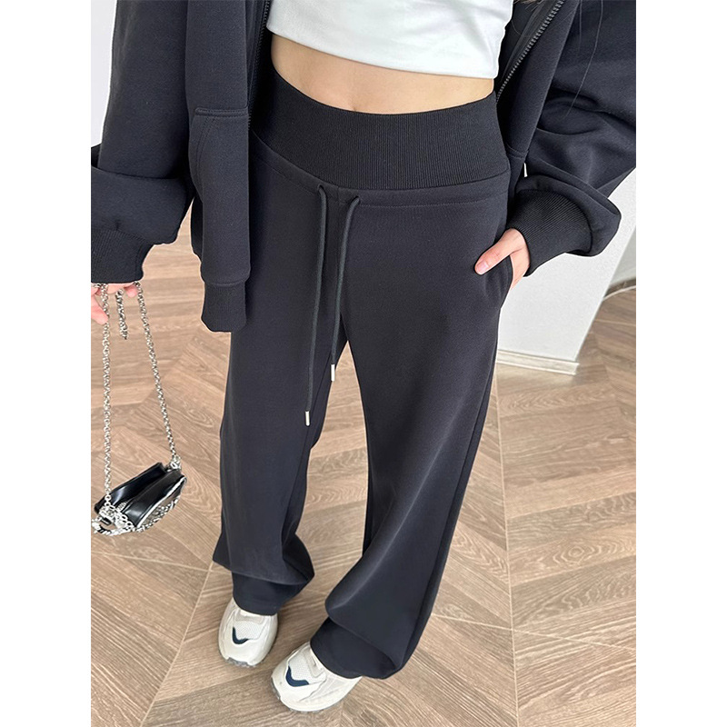 Pantalones negros para mujeres 2024 otoño invierno rectos pantalones largos de cintura alta casual versátil grueso pantalones de pierna ancha sueltos