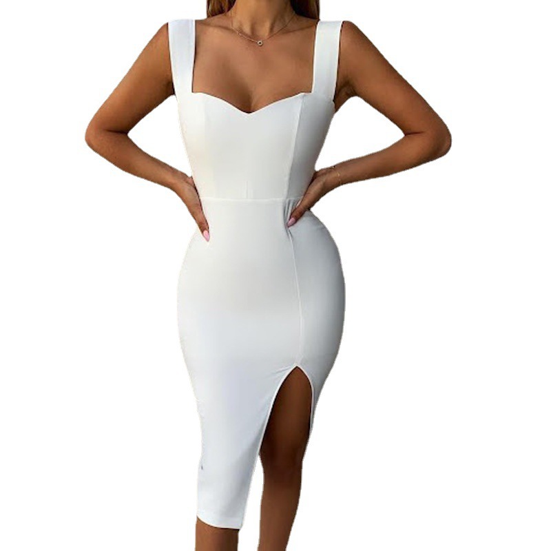 Primavera y verano vestido de comercio exterior Amazon Sling Slim MIDI vestido color sólido cuello en V lápiz vestido