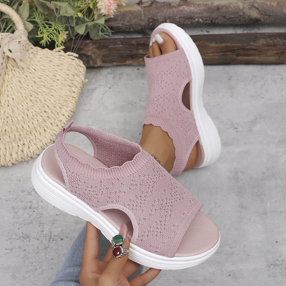 Sandalias de Cuña Tejidas para Mujer Talla Grande de Tela y Caucho con Suela Gruesa para Verano image 11