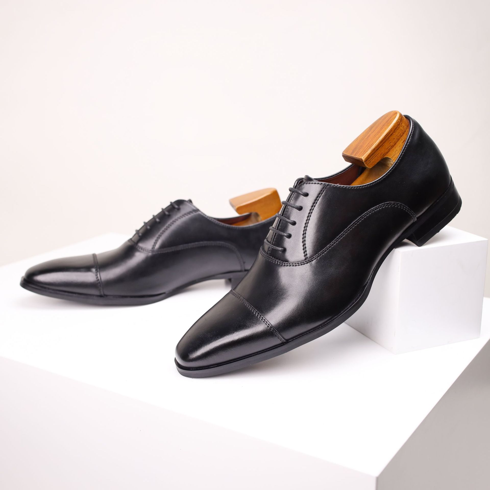 Men’s Hand Burnished Cap Toe Oxford Shoes, Gradient Brown Genuine Leather Formal Wedding Business Dress Shoes_vogvips.com