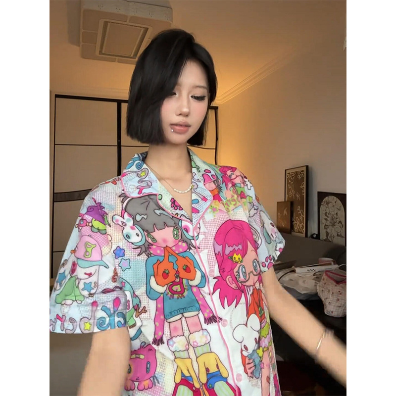 韩版可爱卡通印花睡衣女春秋款新款大码短袖短裤家居服两件套ins|undefined