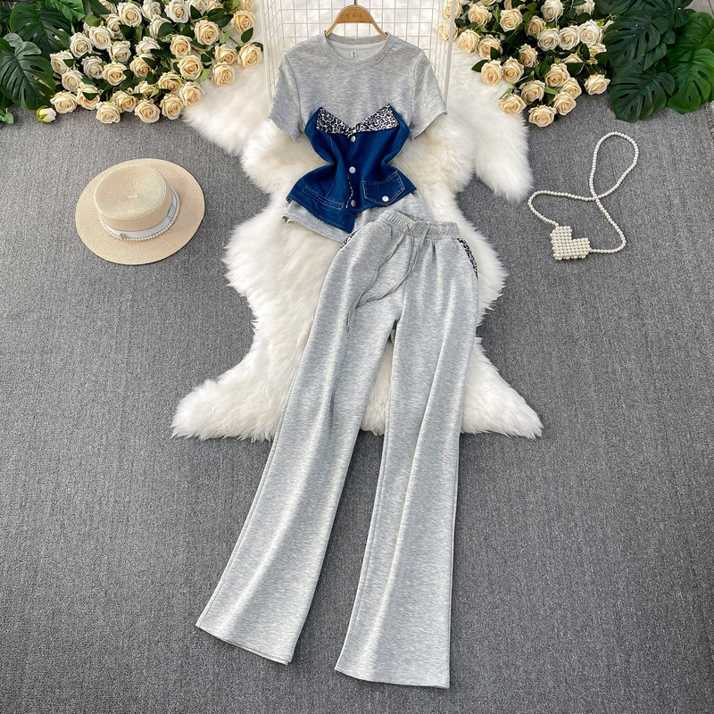 European Fashion Design Fake Two-Piece Spliced Denim Short-Sleeve Top + High-Waisted Slimming Straight-Leg Wide-Leg Pants Two-Piece Set European Fashion Design Fake Two-Piece Spliced Denim Short-Sleeve Top + High-Waisted Slimming Straight-Leg Wide-Leg Pants Two-Piece Set