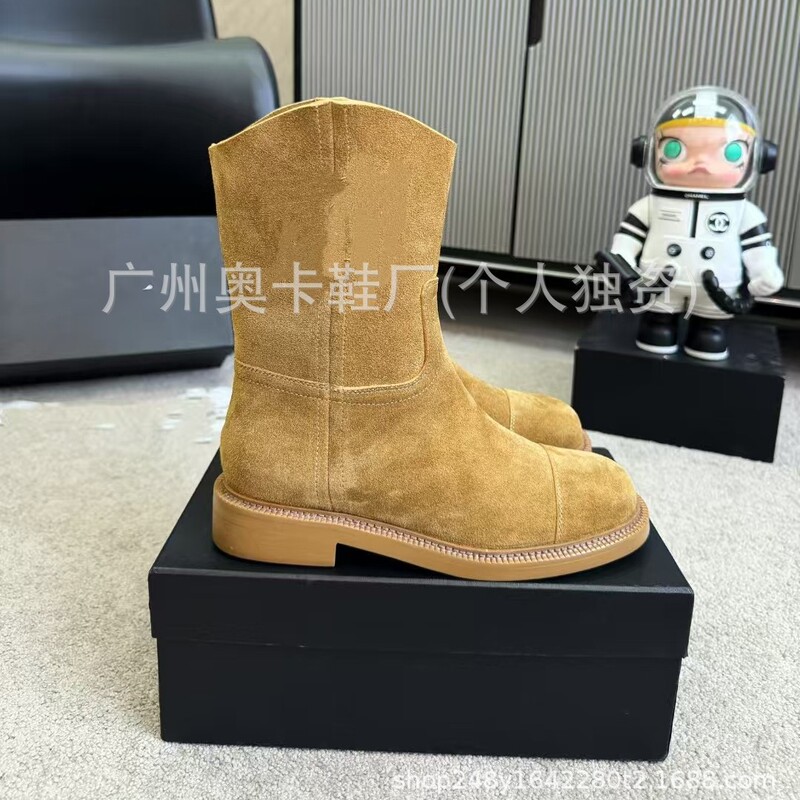 欧洲站2025新款小香风牛反绒粗跟厚底复古西部牛仔短靴切尔西靴|undefined