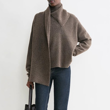羊毛混纺垂褶柔软围巾围脖针织衫女25秋季新款长袖宽松时尚厚毛衣
