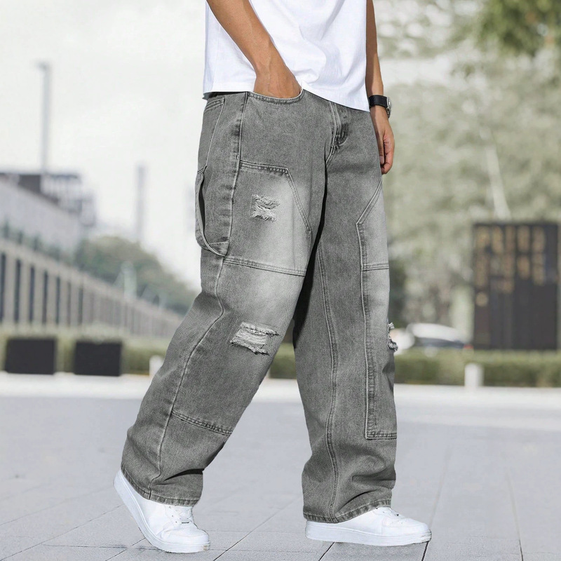 Cross-border men's summer new American style cool and versatile ripped jeans, color-blocked straight casual pants, trendy wholesale Cross-border men's summer new American style cool and versatile ripped jeans, color-blocked straight casual pants, trendy wholesale