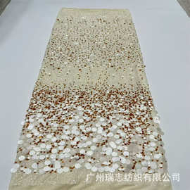 新款涤丝水晶竖条直条渐变亮片绣高档珠子绣布料婚纱礼服面料lace
