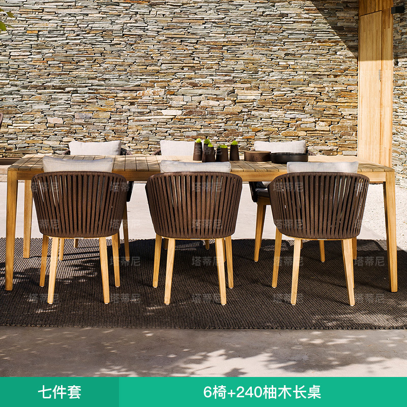 Mesa y sillas de comedor de teca para ocio al aire libre, sillas de ratán de diseño para balcón, muebles nórdicos para jardín y patio al aire libre. image 12