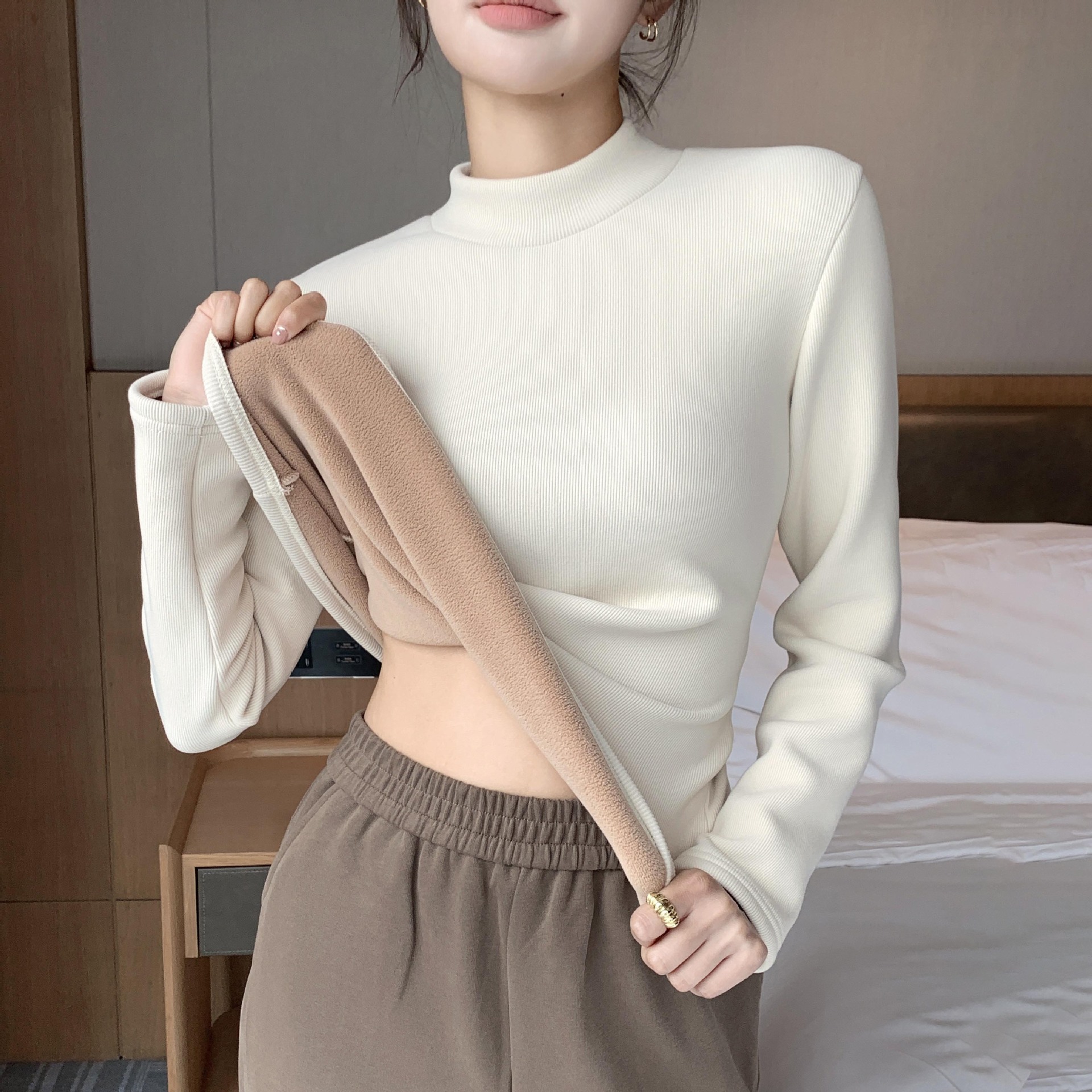 H331 Half Turtleneck Slim Knitted Bottoming Shirt Fleece-Lined Warm Top Women's Autumn and Winter Small Turtleneck Long Sleeves