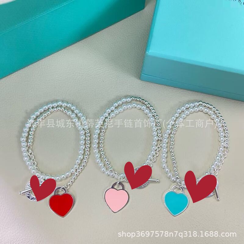 T's High Version V Gold Heart Blue Enamel Bracelet Plated with 18K Wrapped Bead Peach Heart Bracelet for Men and Women