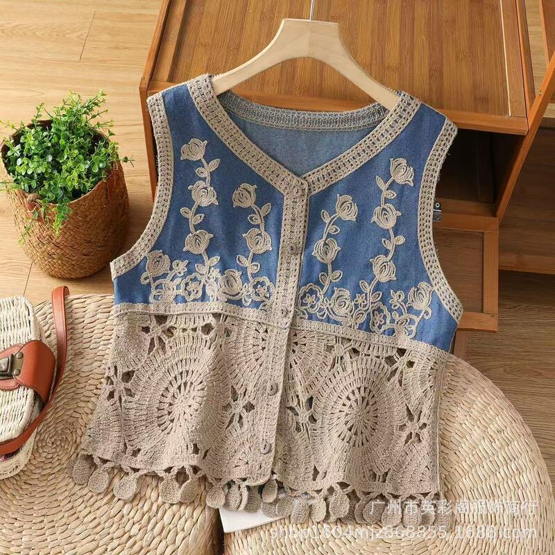 Bohemian Resort Style Crocheted Cut Out Splicing Denim Vest Women's Summer Slimming Look Short Sleeveless Top