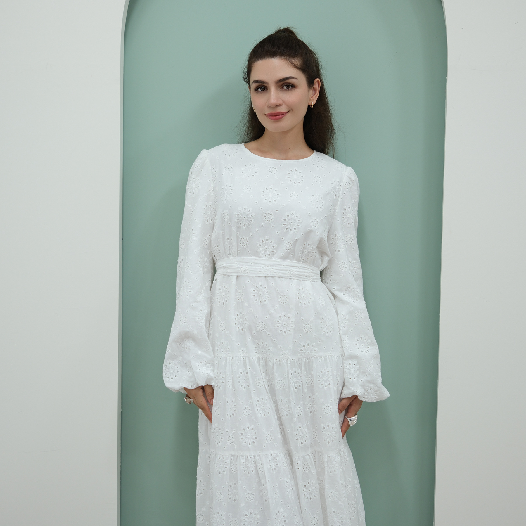 Voya Women's Eyelet Embroidered Maxi Dress-Long Sleeve Tiered Beach Dress With Scallop Hem-Boho Casual Summer Dress, For Holiday, Wedding Guest & Daily_ecoleips.com
