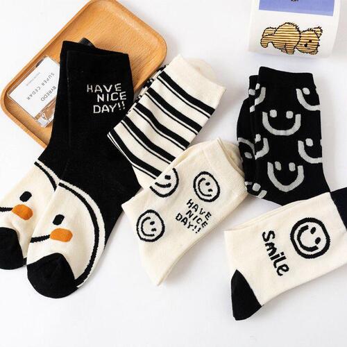 Socks for Girls, Instagram Trendy, Vlogger Style, Smiling Socks, Spring and Autumn, Mid-Calf Socks, Korean Style, Versatile, Cartoon Socks, College Style, Long Socks