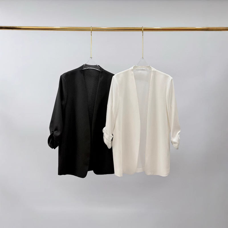 V-Neck Elegant Draped Acetate Blazer Women's Elegant Work Clothing Loose Slimming Look Three-Quarter Sleeve Buttonless Cardigan Top V-Neck Elegant Draped Acetate Blazer Women's Elegant Work Clothing Loose Slimming Look Three-Quarter Sleeve Buttonless Cardigan Top