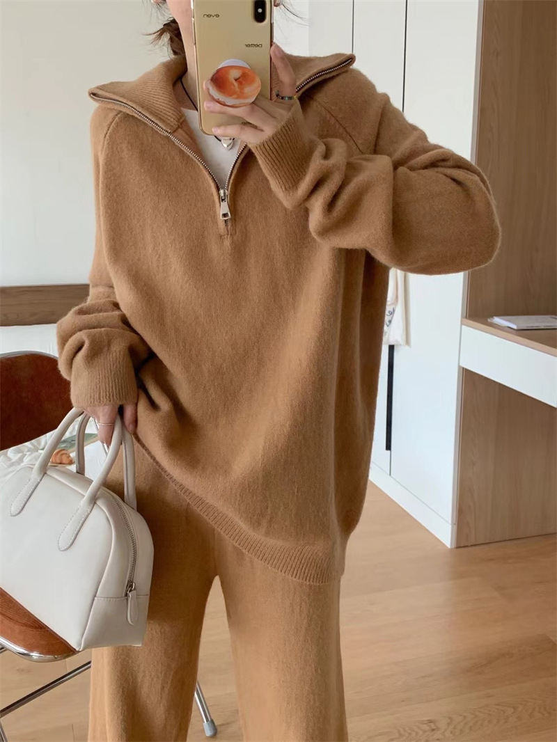 Women’s Korean Style Knit Sweater & Wide Leg Pants Set – Lapel Half-Zip Lounge Suit (One Size, 6 Colors)_voghion.com