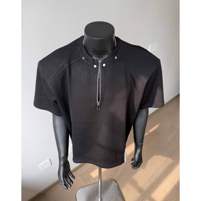 Rivet Shoulder Pad Short-Sleeved Men's Summer Half-Zip Clothing American High Street Heavy Half-Sleeve Design Niche T-Shirt