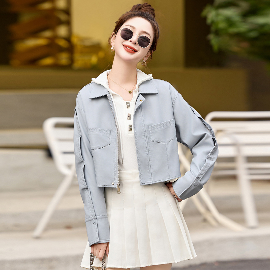 Hong Kong Style Leather Women's Coat 2025 New Western Style Design Retro Motorcycle Leather Jacket Short Top