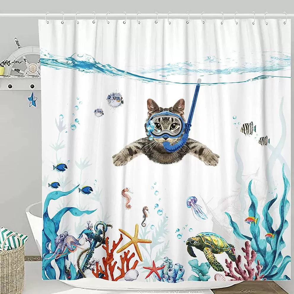 Divertida cortina de baño valiente gato sostiene tridente flecha montar tiburones en las olas ballenas gatos cortina de baño conjunto baño