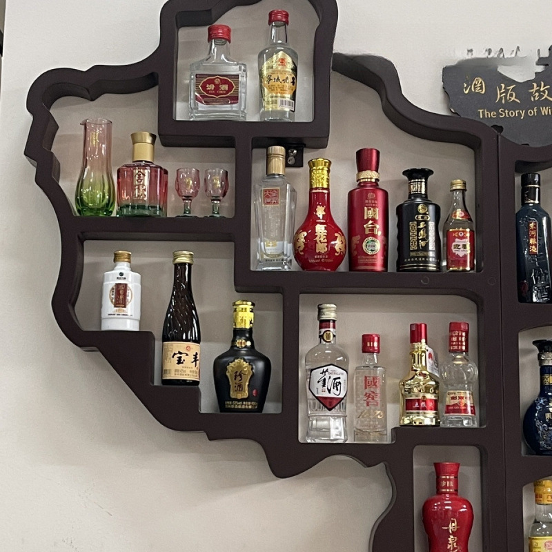 中式客厅酒柜墙上展示柜壁挂式地图置物架可放50ml-100ml(不含酒)