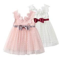 女童連衣裙夏季新款蕾絲蝴蝶結公主裙小童背心裙生日禮服紗裙代發