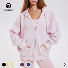 美式拉链连帽加绒卫衣女纯色秋冬拉链慵懒风休闲宽松开衫上衣外套