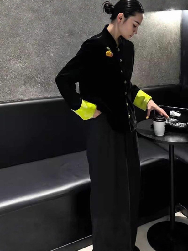 新中式国风南瓜金丝绒外套女2025秋新款立领长袖拼色唐装上衣大码|undefined