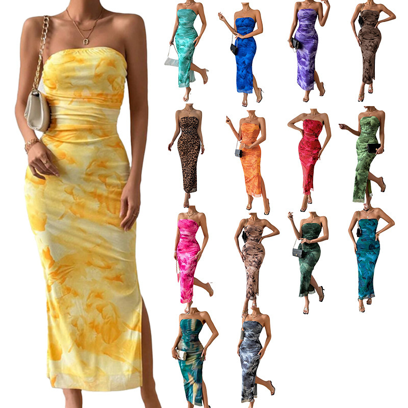 Spring and Autumn European and American Cross-border Women's Dress for Mesh Floral Pleat Sexy Tight Split Strapless Tube Top Dress