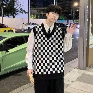 Checkerboard V-Neck Stacked Men's Vest Women's Fall/Winter 2022 New Korean Style Lazy Loose Knitted Vest