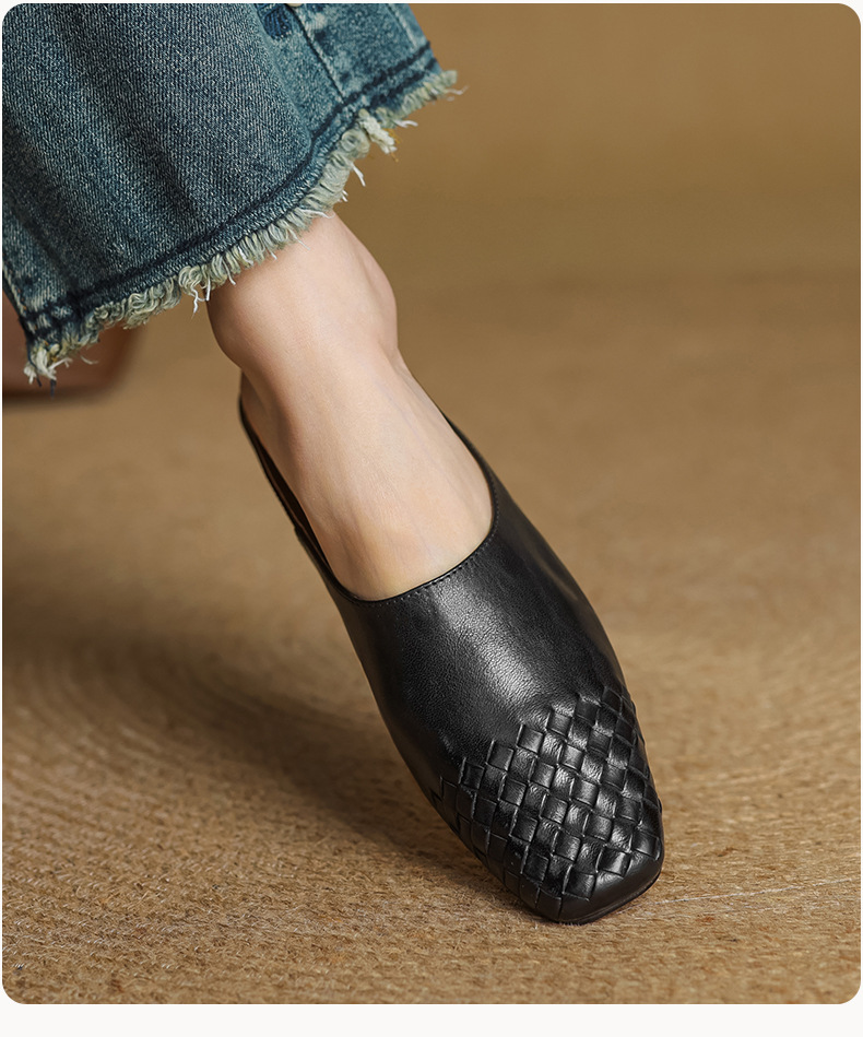Giày mule nữ da bò mũi vuông miệng nông đế bệt — màu nâu chi tiết 8