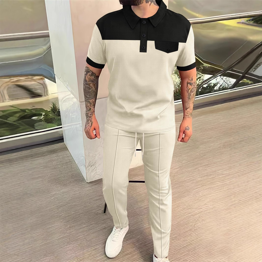 2025新款亚马逊男士华夫格拼色拼接翻领胸前口袋扣子短袖长裤套装