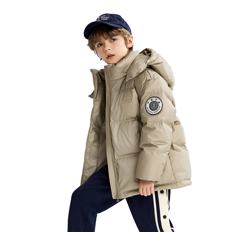 Premium Kids' Winter Puffer Jacket - 90% White Duck Down Coat For Boys (Ages 8+) - Detachable Hood & Soft Shell - Black/Champagne (120-170cm)_voghion.com