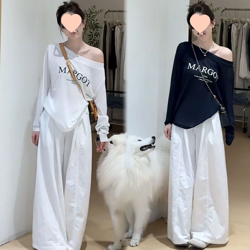 时尚一整套女感2025新款印花斜肩长袖休闲风阔腿裤两件套白色上衣|undefined