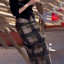 半身裙新款秋冬时尚气质复古高腰显瘦长款开叉格子裙子