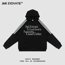 JMK EXDVATIE美式复古潮牌三条杠连帽卫衣街头宽松字母印花男女款