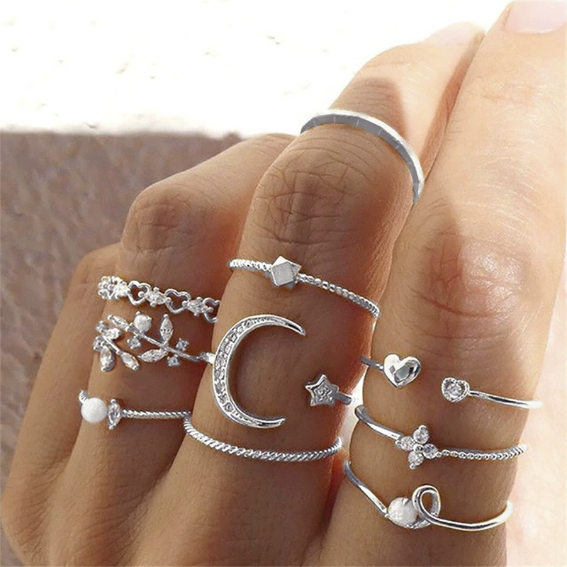 10-Piece Moon & Star Rhinestone Ring Set, Gold-Plated Adjustable Stackable Rings