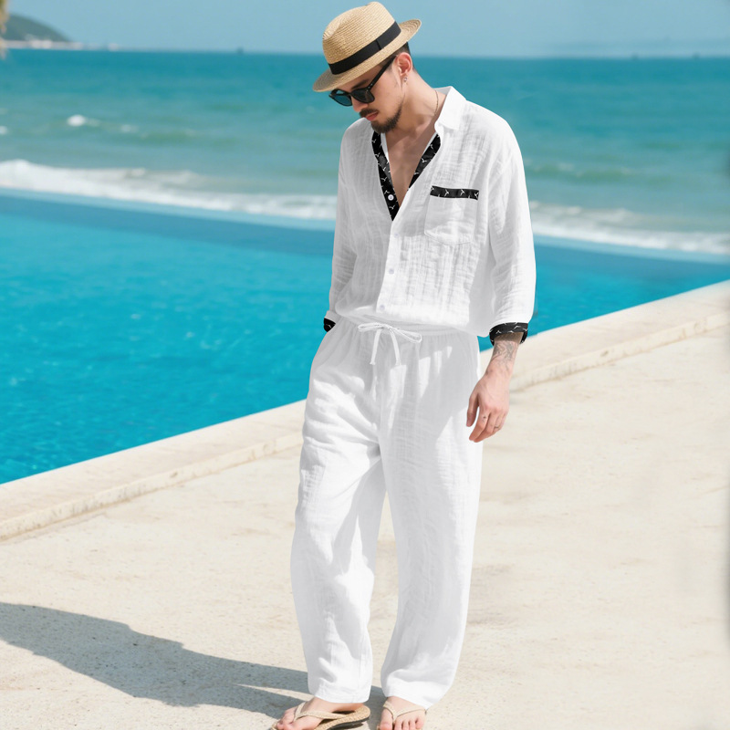 Completo in lino da uomo, set due pezzi stile old money_voghion.com